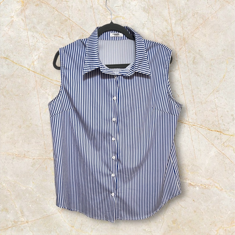 Zeagoo Navy and White Striped Button-Down Shirt